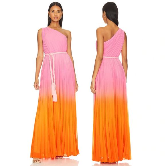 AMUR Garrett Pleated Gown One Shoulder Belted Formal Fairy Boho Ombre Sorbet 4